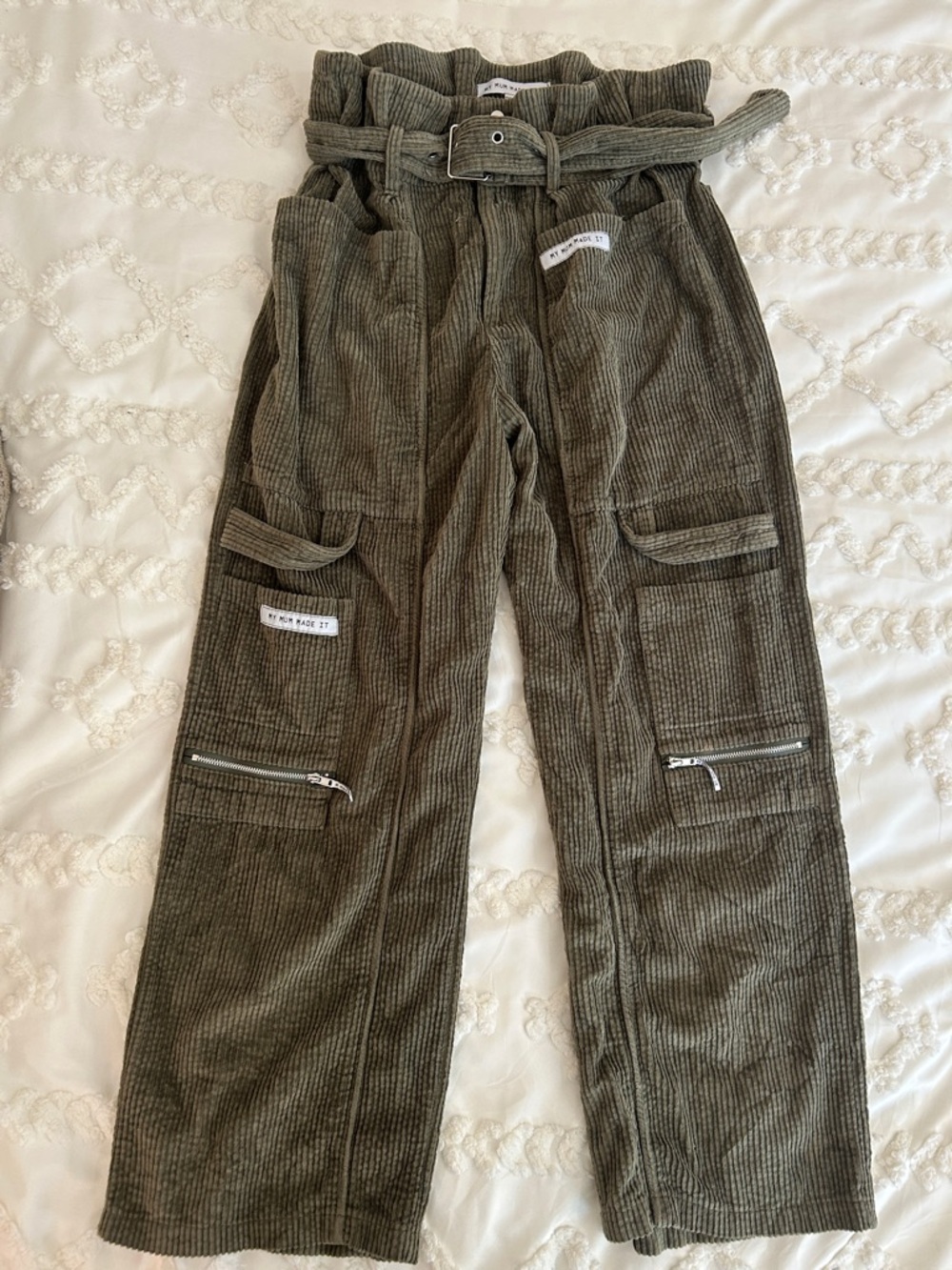 MY MUM MADE IT GREEN  Corduroy Cargo Pants with Belt. Size 2.